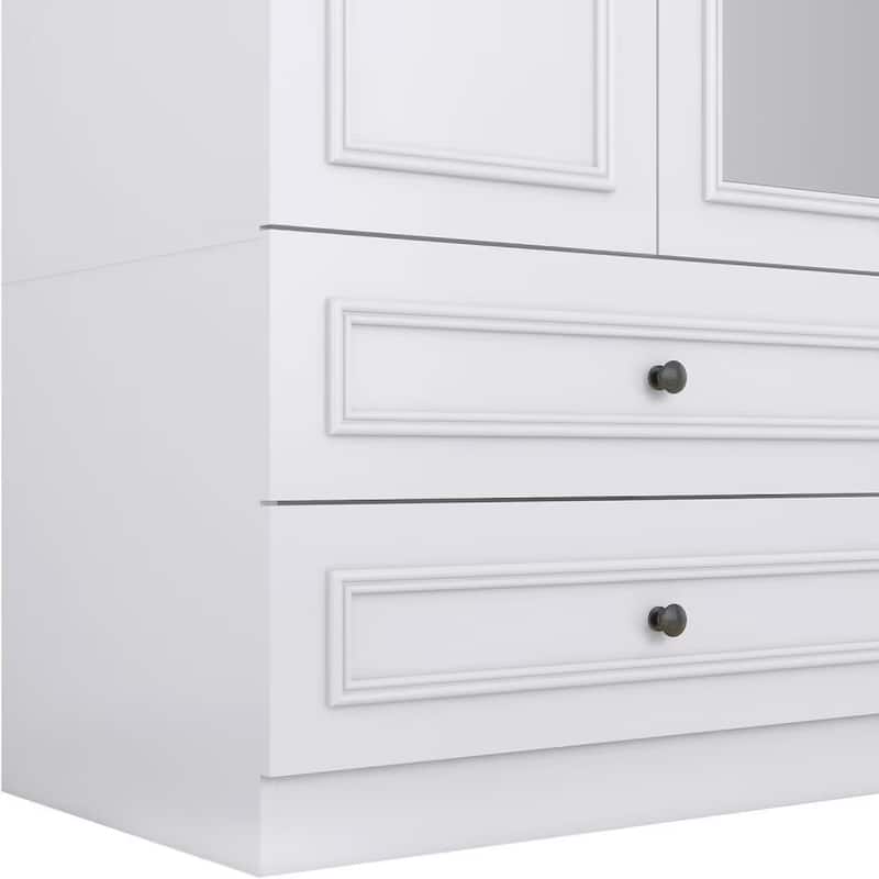 HomeRoots 71" White Carved Geometric Mirrored Four Door Four Drawer Combo Dresser