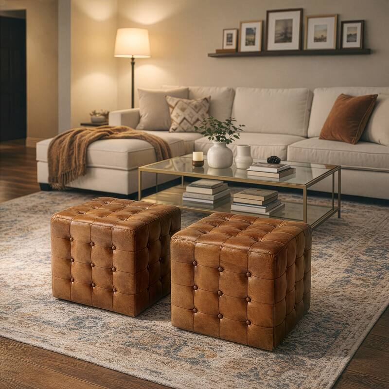 Leon Leather Ottoman - Brown