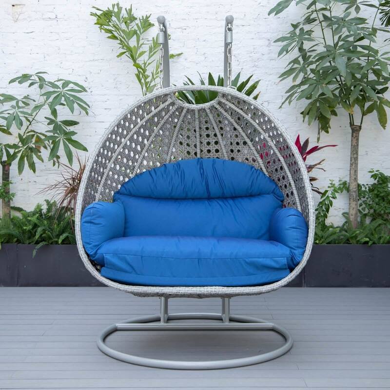 Mendoza 2-Person Hanging Egg Swing Chair with Iron Metal Stand Handcrafter Grey Wicker Hammocks for Outdoor Patio or Indoor Use