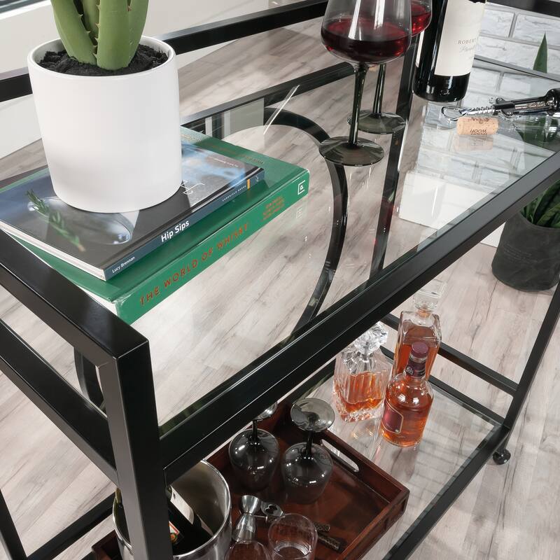 Wood Contemporary Bar Cart with 2 Glass Shelves - 35.55" L x 15.75" W x 37.21" H