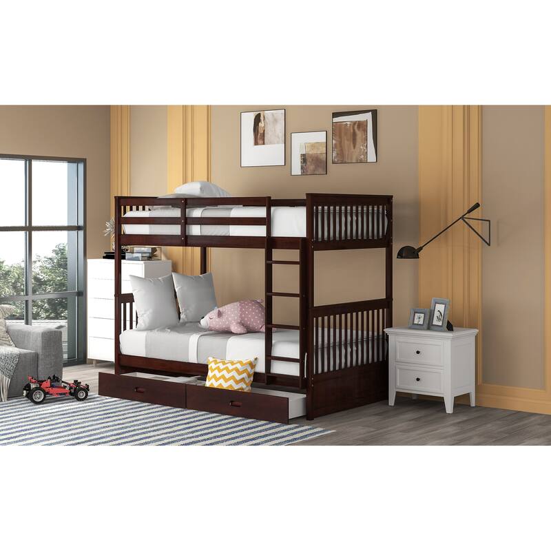 Twin-Over-Twin Bunk Bed with Ladders and Two Storage Drawers