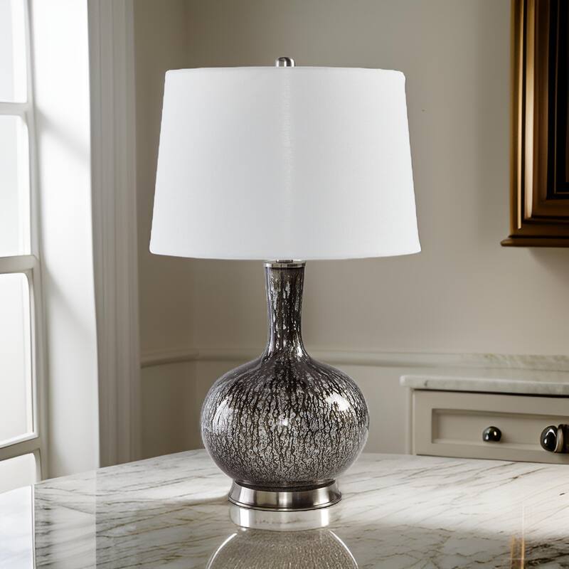 26 Inch Table Lamp, Tall Black Round Glass Base, White Drum Fabric Shade