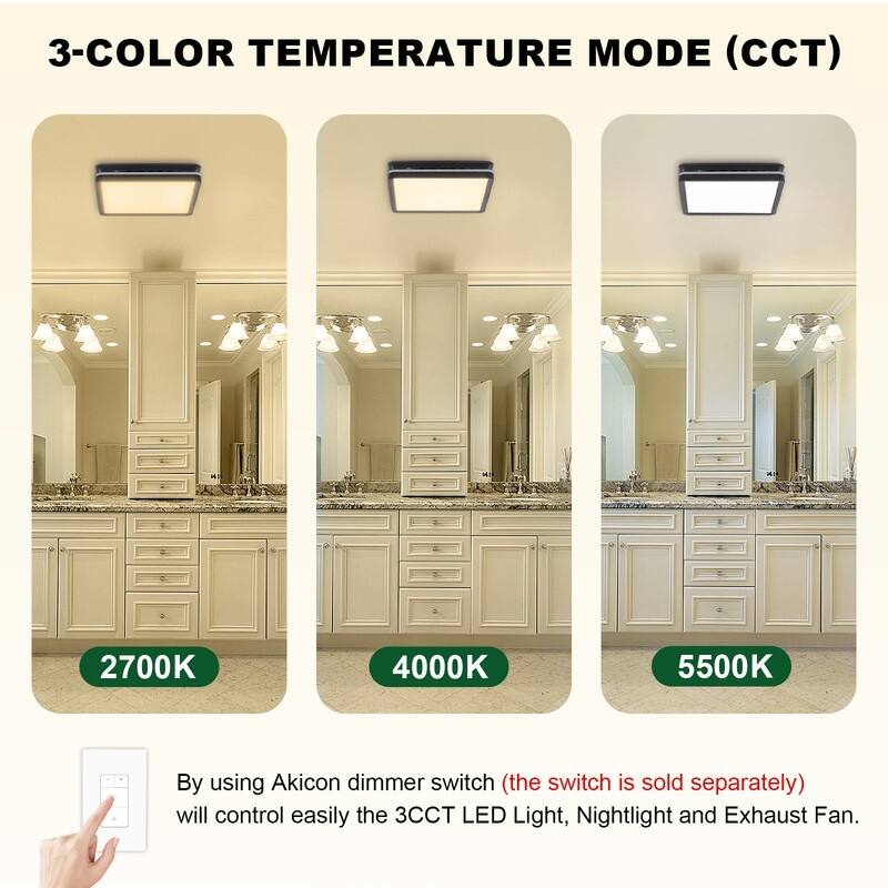 Akicon Bathroom Exhaust Fan with Light, 18W Dimmable 3CCT LED Light with 3.5W Night Light