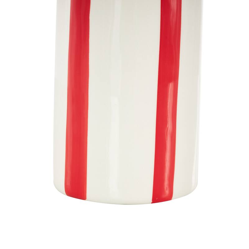 White Ceramic Round Decorative Vase with Light Teal or Red Vertical Stripes