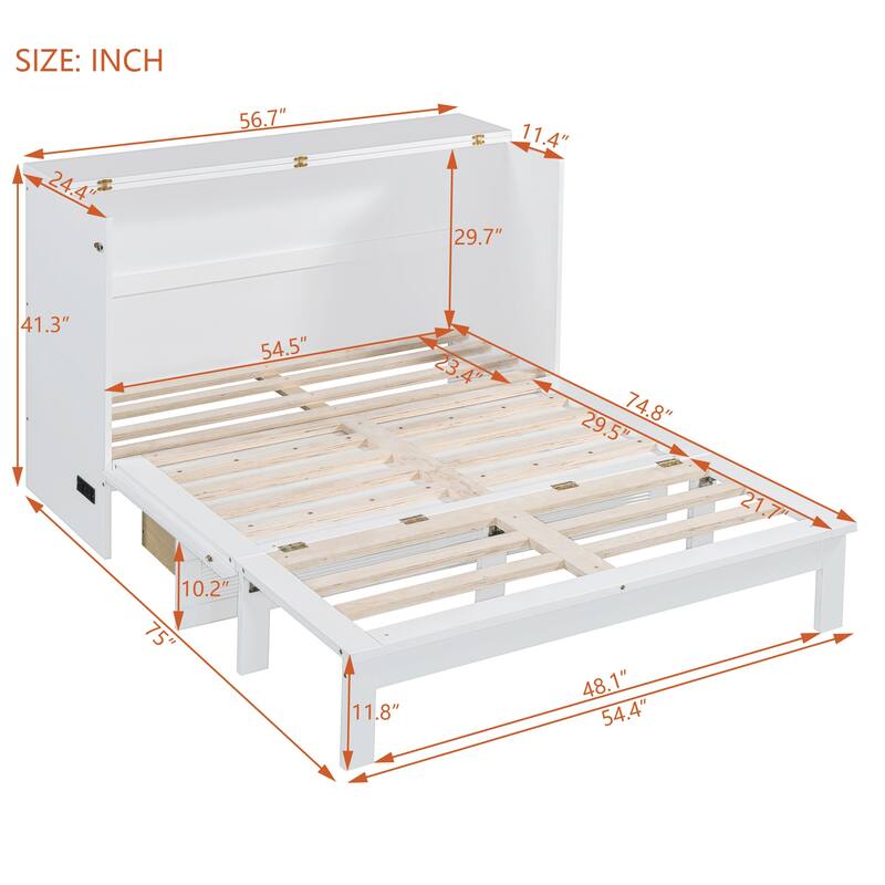 Full Size Murphy Bed with Drawers, USB Ports, and Charging Sockets - Modern Space-Saving Wall Bed with Smooth Pulley Design