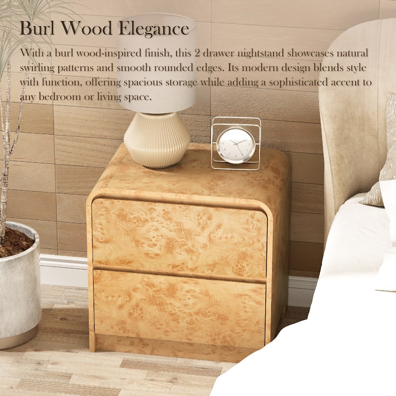 COZAYH Farmhouse Wood Nightstand, Rounded Edge Modern & Mid-Century Dresser, Burl Wood Finish in Natural