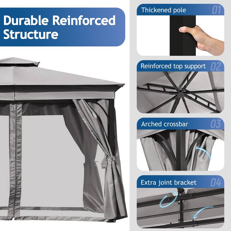 10x12 Outdoor Gazebo Tent with Double Roofs, Patio Gazebo with Mosquito Netting and Privacy Screens