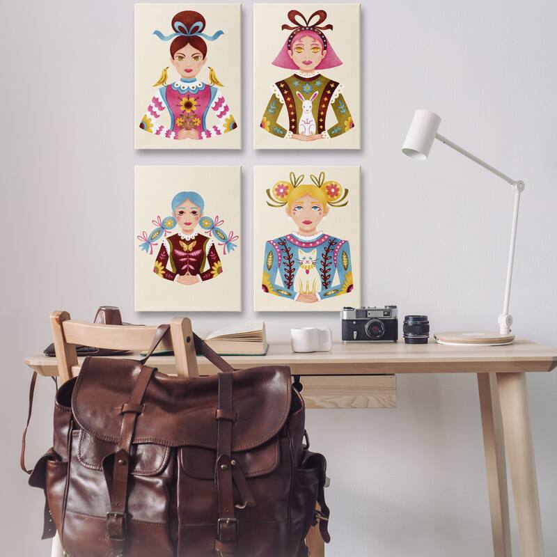 Stupell Floral Folk Women Portraits Canvas Wall Art Design By Hannah Moren (Set of 4)
