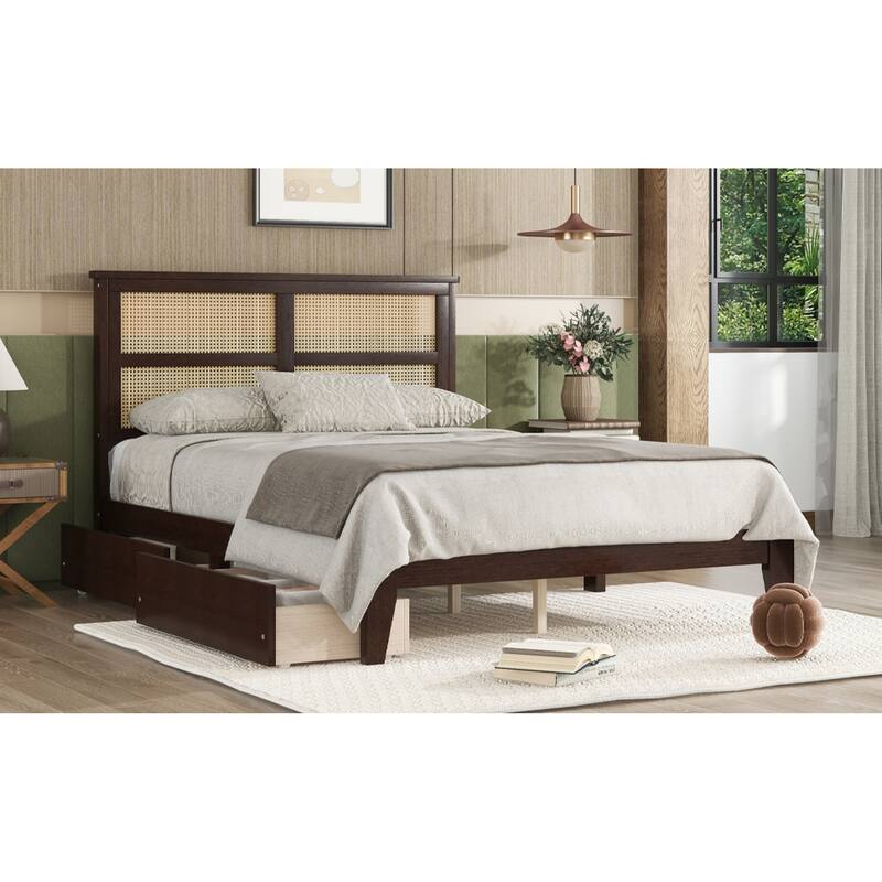 Roomfitters Full Rubber Wood Bed with Rattan Headboard, Underbed Storage Design, Reinforced Slats and Support Feet