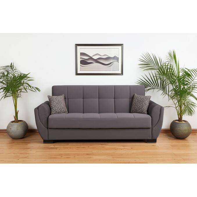 HomeRoots 93" Gray Microfiber Convertible Futon Sleeper Sofa And Toss Pillows With Storage - Gray