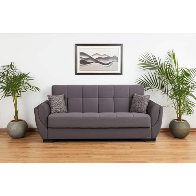 HomeRoots 93" Gray Microfiber Convertible Futon Sleeper Sofa And Toss Pillows With Storage