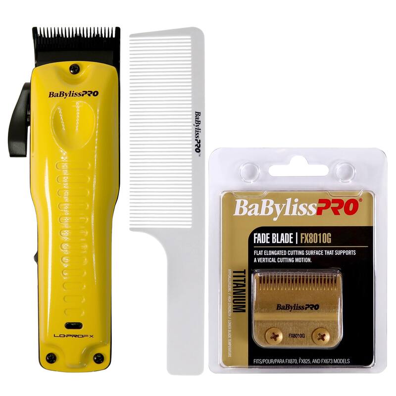 BaByliss Pro LO-PROFX Cordless Clipper (Andy Authentic) Yellow FX825YI + Replacement Gold Titanium Fade Blade FX8010G + Comb - Yellow