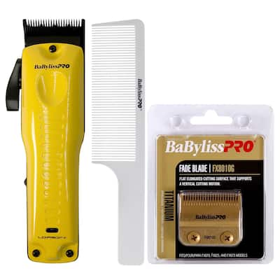 BaByliss Pro LO-PROFX Cordless Clipper (Andy Authentic) Yellow FX825YI + Replacement Gold Titanium Fade Blade FX8010G + Comb