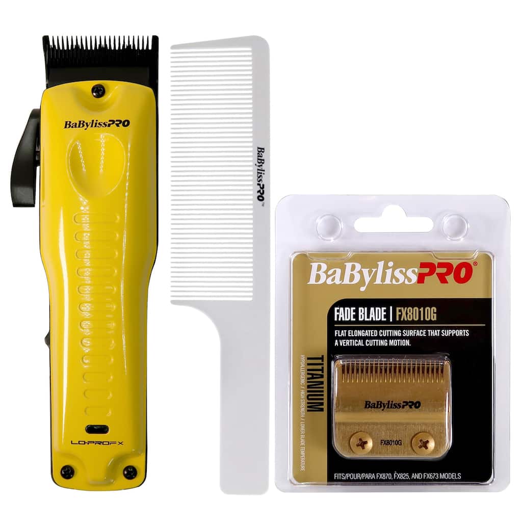 BaByliss Pro LO-PROFX Cordless Clipper (Andy Authentic) Yellow FX825YI + Replacement Gold Titanium Fade Blade FX8010G + Comb