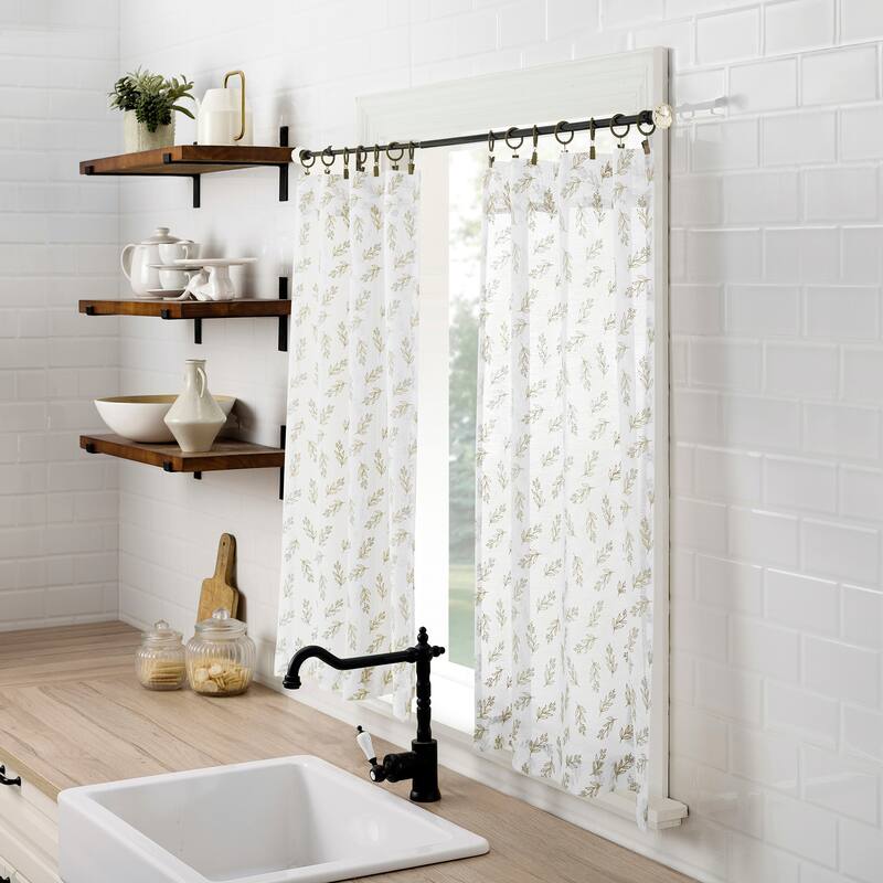 No. 918 Hawthorne 2-Piece Floral Leaf Sheer Rod Pocket Kitchen Curtain Tier Pair