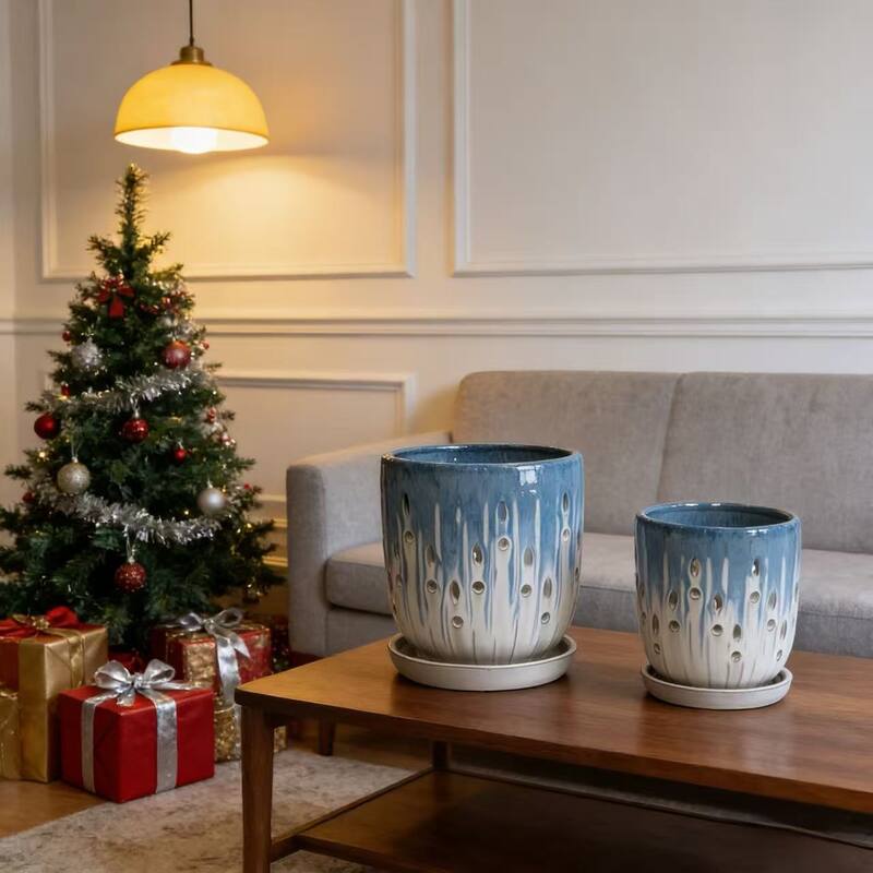 Anmytek Handmade Ceramic Planter Set of 2 Blue White