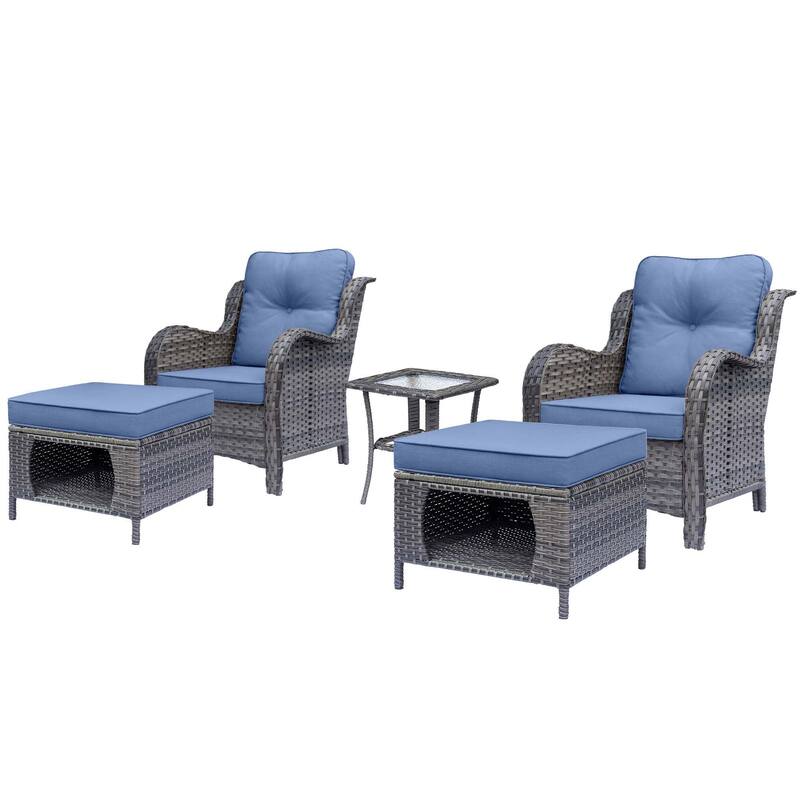 5 Piece Outdoor Wicker Patio Conversation Chair with Ottoman Set