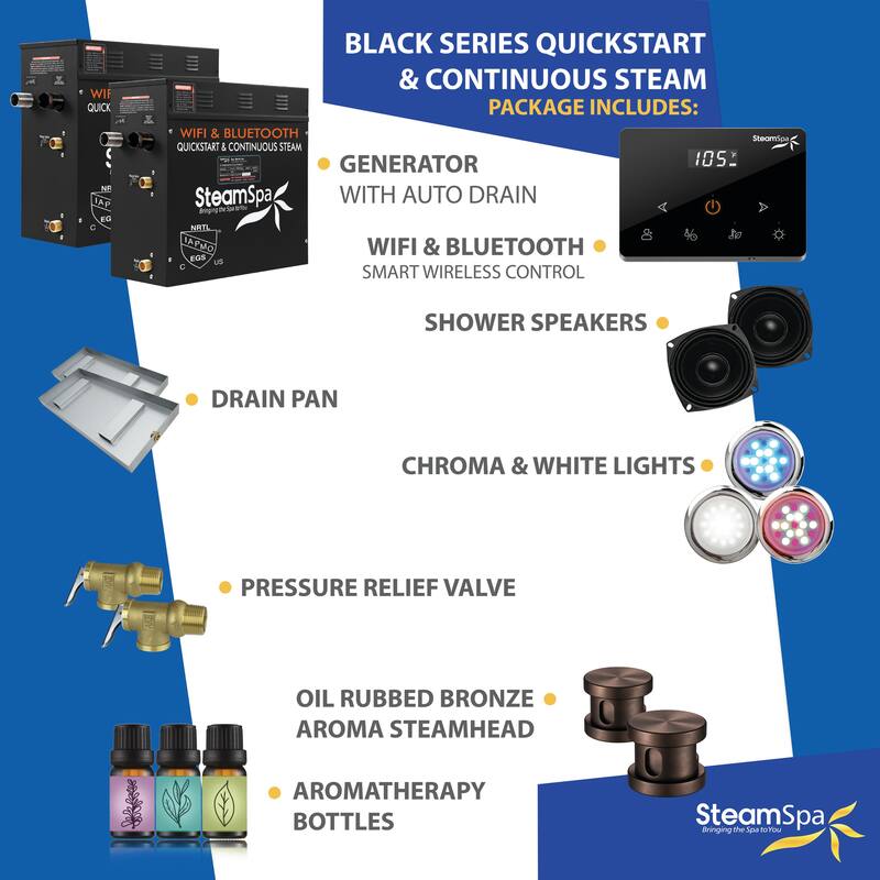 Black Series Steam Bath Generator with Fully Wireless Remote, BLUETOOTH, WIFI, and Auto Drain - 15 KW