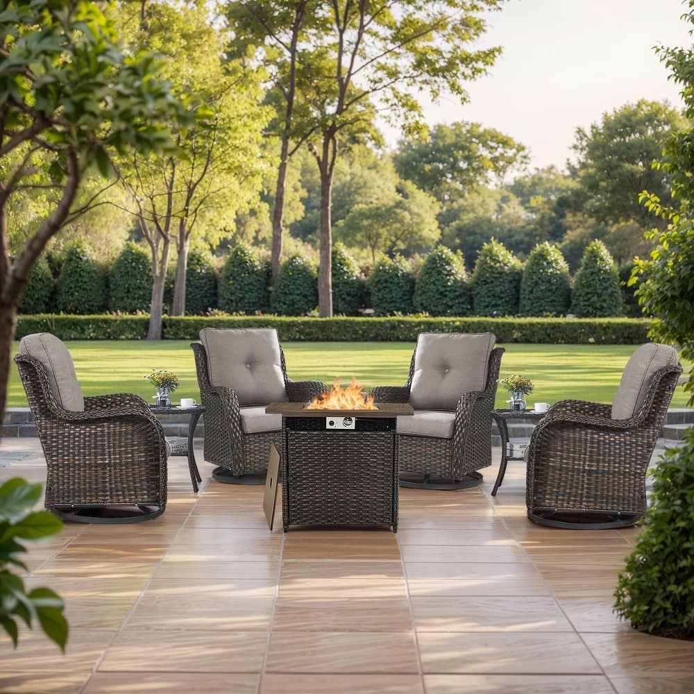 Gymojoy 7-Piece Outdoor Fire Pit Conversation Set with 4 Swivel Chairs & 2 Side Tables