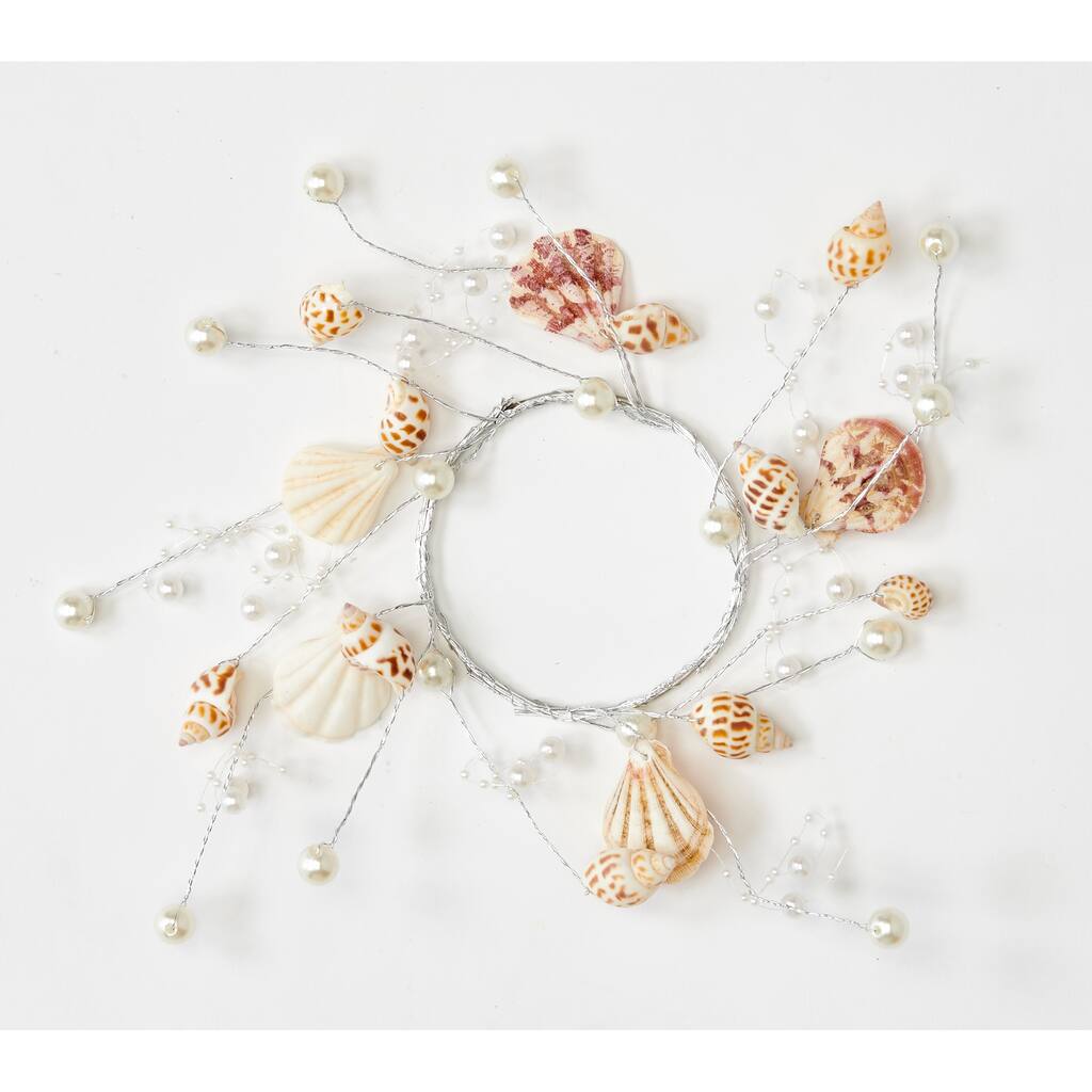8" Beach Decoration Sea Shell and Pearl Candle Ring, 3.5" Inner Diameter, Set of 2 - 8