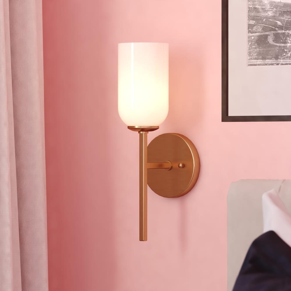 Shelby Natural Brass Gold Transitional Lighting Fixture, Frosted White Opal Glass Cylinder Shade, Dimmable, LED Compatible