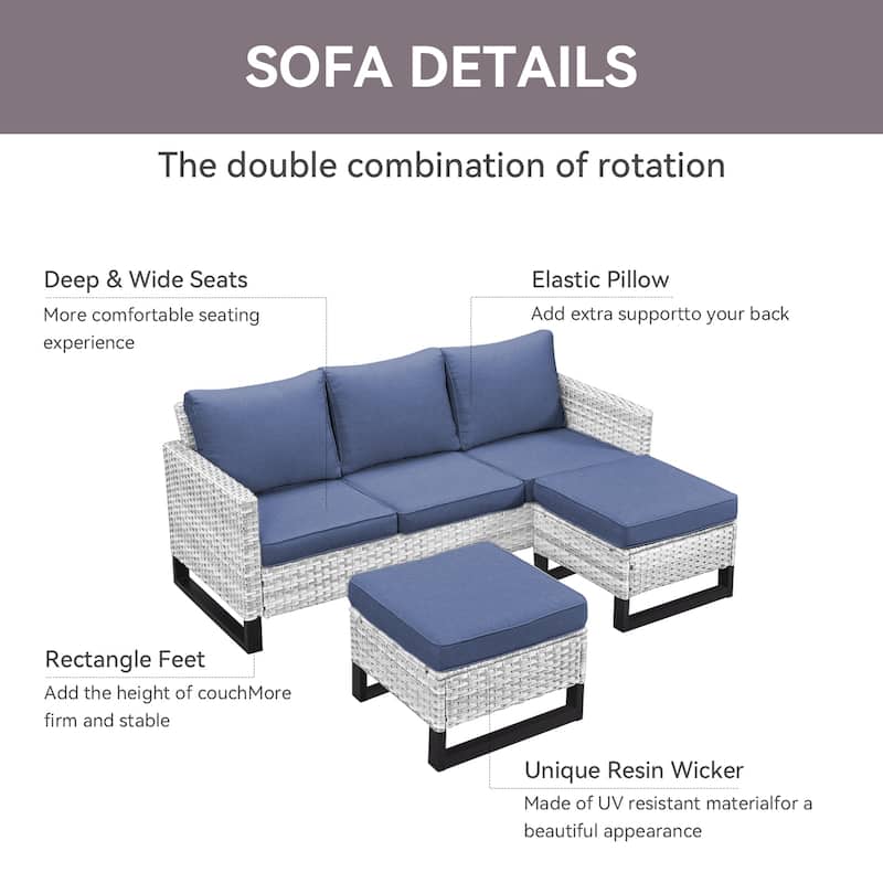 Pocassy Outdoor 3-Seat Sofa Ottomans Set of 3