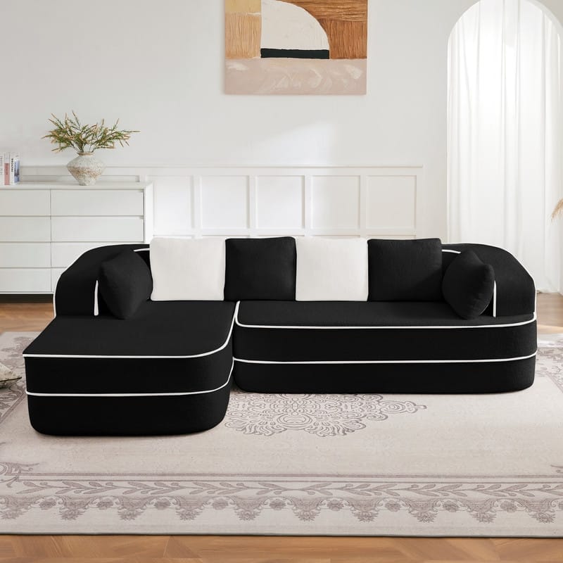 Rossetta 106" Left-Facing Modular L-Shaped Chaise Contrast Color Sectional Teddy Fabric Boneless Sofa - Black