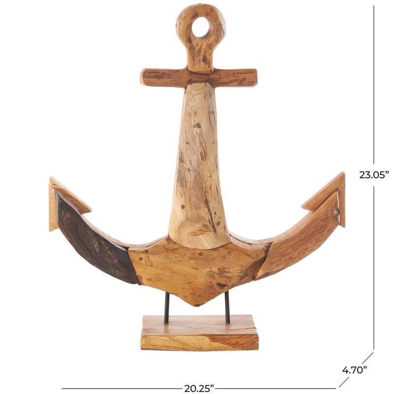 Brown Teak Wood Handmade Anchor Decorative Sculpture with Mosaic Live Edge Pieces