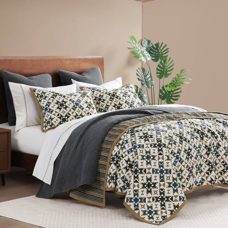 Indigo Hill by HiEnd Accents Mosaic Western Bedding Reversible Geometric Print 3 Piece Quilt Set - Twin