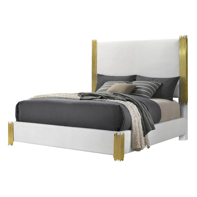Dyl Queen Bed, Soft Foam Upholstered, White Fabric, Gold Accent Posts