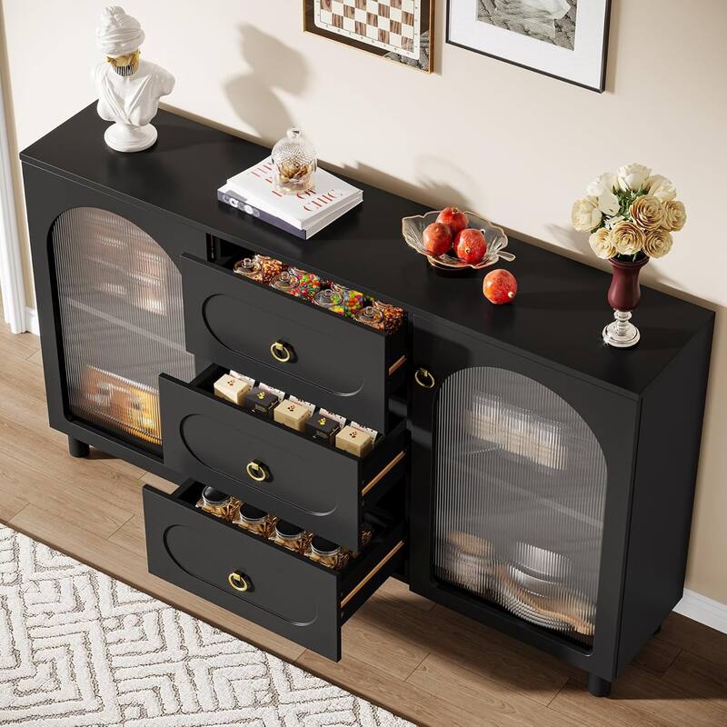 Modern Large Buffet Cabinet with Storage, Wooden Storage Cabinet with 2 Acrylic Doors & 3 Drawers