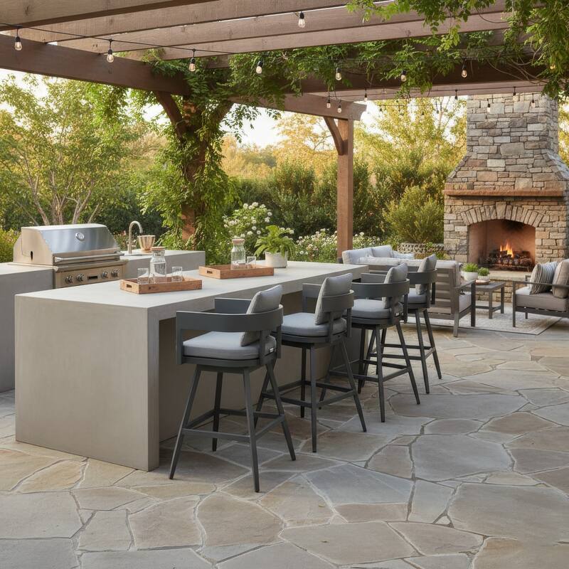 Enya 26 Inch Outdoor Swivel Counter Stool Chair, Gray Aluminum, Cushions