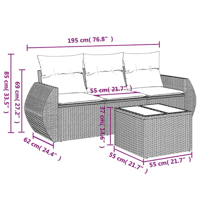 vidaXL Patio Sofa Set with Cushions Outdoor Conversation Furniture Poly Rattan - 21.7 x 24.4 x 27.2