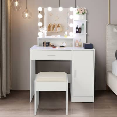 Vanity Set with Cushioned Stool and 10 LED Bulbs