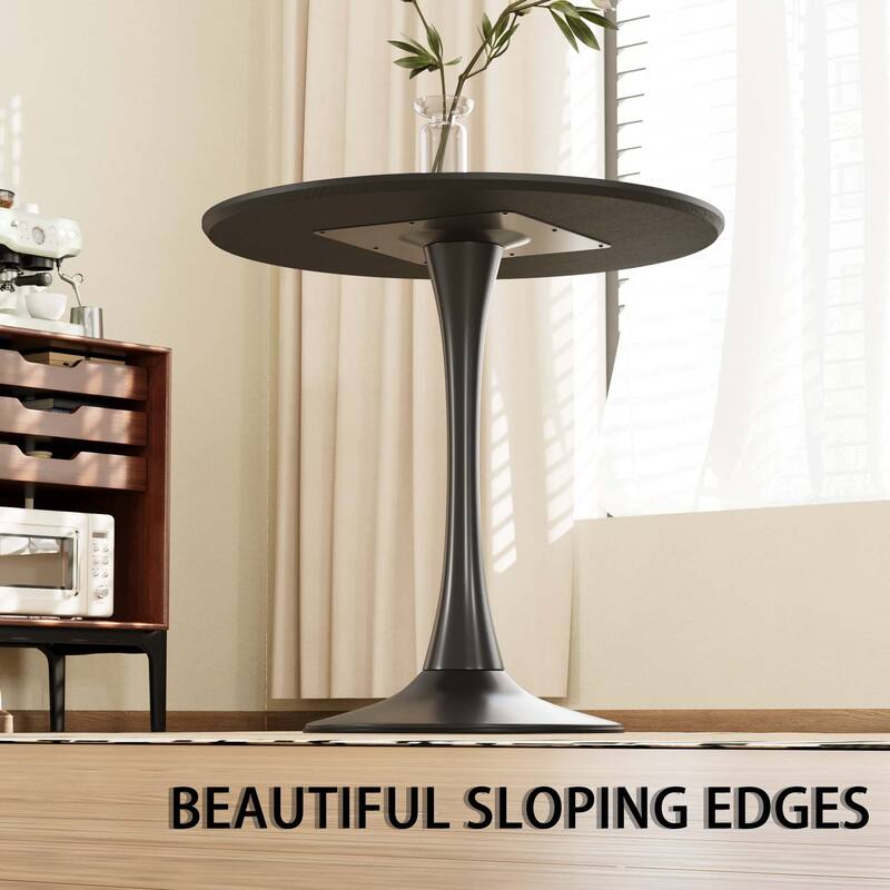 31.5 " MDF round dining table, tulip dining table, and 2 artificial leather decorative chairs with black metal legs