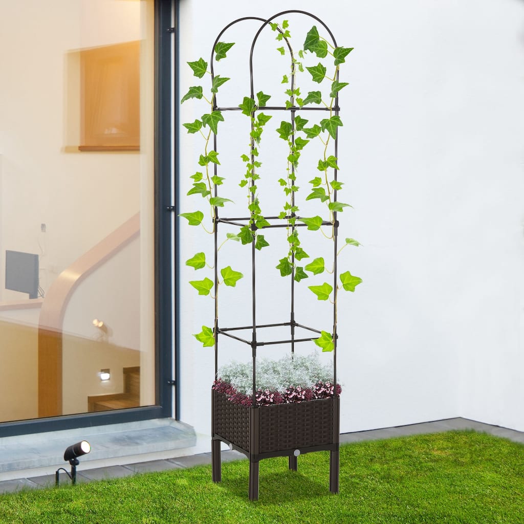 Outsunny 16" x 16" x 70" Garden Bed & Trellis Plant Stand with Self-Watering Disk, Drainage Holes, & Steel Frame