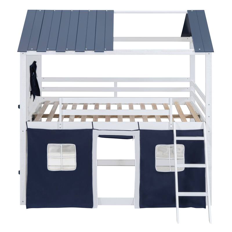 Full Size Wooden Bunk Bed with Elegant Windows and Tent Design, Blue and White