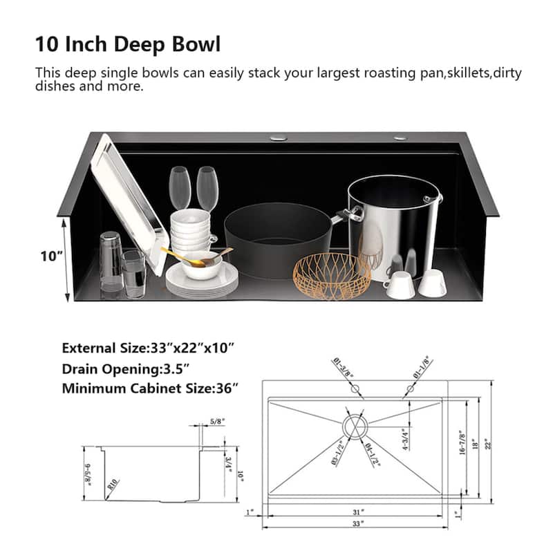 Modern 33'' Drop-in Single Bowl Stainless Steel Kitchen Sinks, Workstation Sink for Kitchen - 33