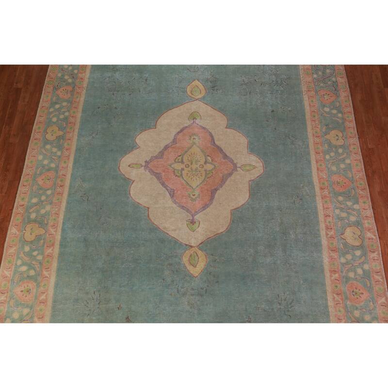 Blue Tabriz Persian Vintage Rug Oriental Handmade Wool Carpet - 9'8" x 12'9"