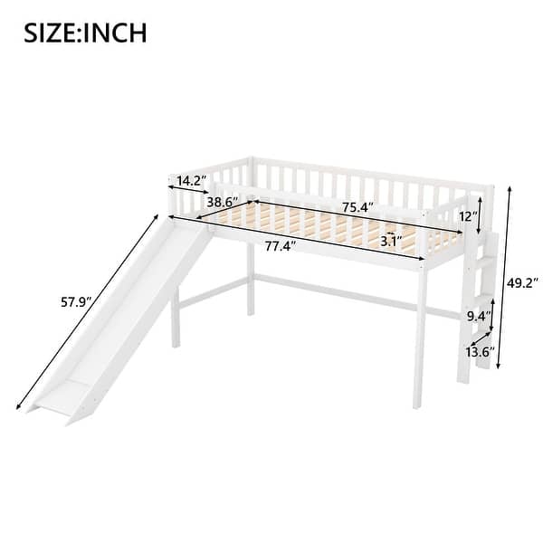 White Twin Size Wood Low Loft Bed with Ladder and Slide for Kids, Boys and Girls