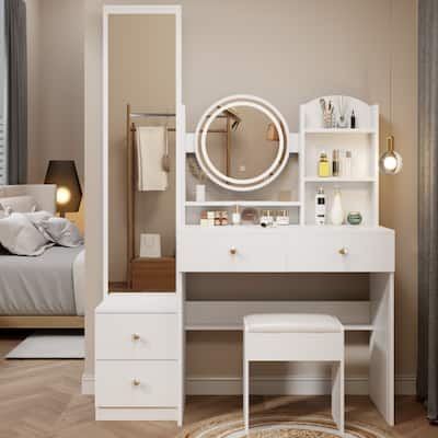 17" Modern Dressers Chest of Drawers，Mirror Cabinet & Vanity Table Set with Cushioned Stool，Full Body Touch-Control LED