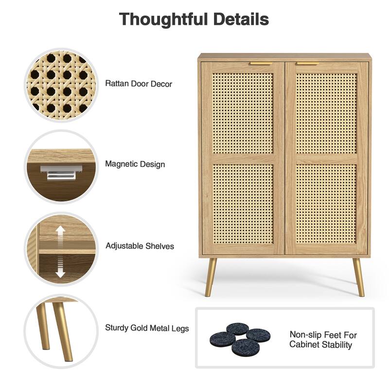 16 Pairs Rattan Shoe Storage Cabinet Freestanding Shoe Rack Organizer for Entryway