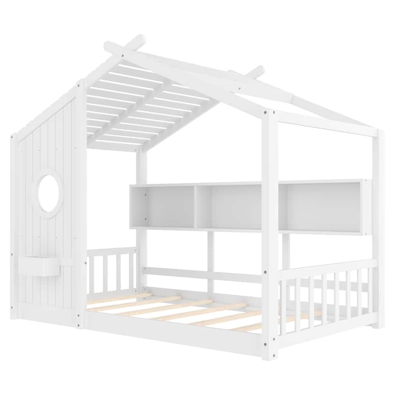 Montessori Floor House Bed for Toddler with Storage Shelf, Playhouse Design