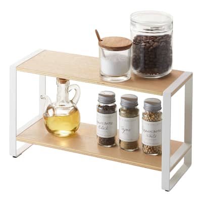 Yamazaki Home Two-Tier Riser, Steel and Wood, Holds 8.8 lbs - L 4.72 x W 12.99 x H 7.48 inches
