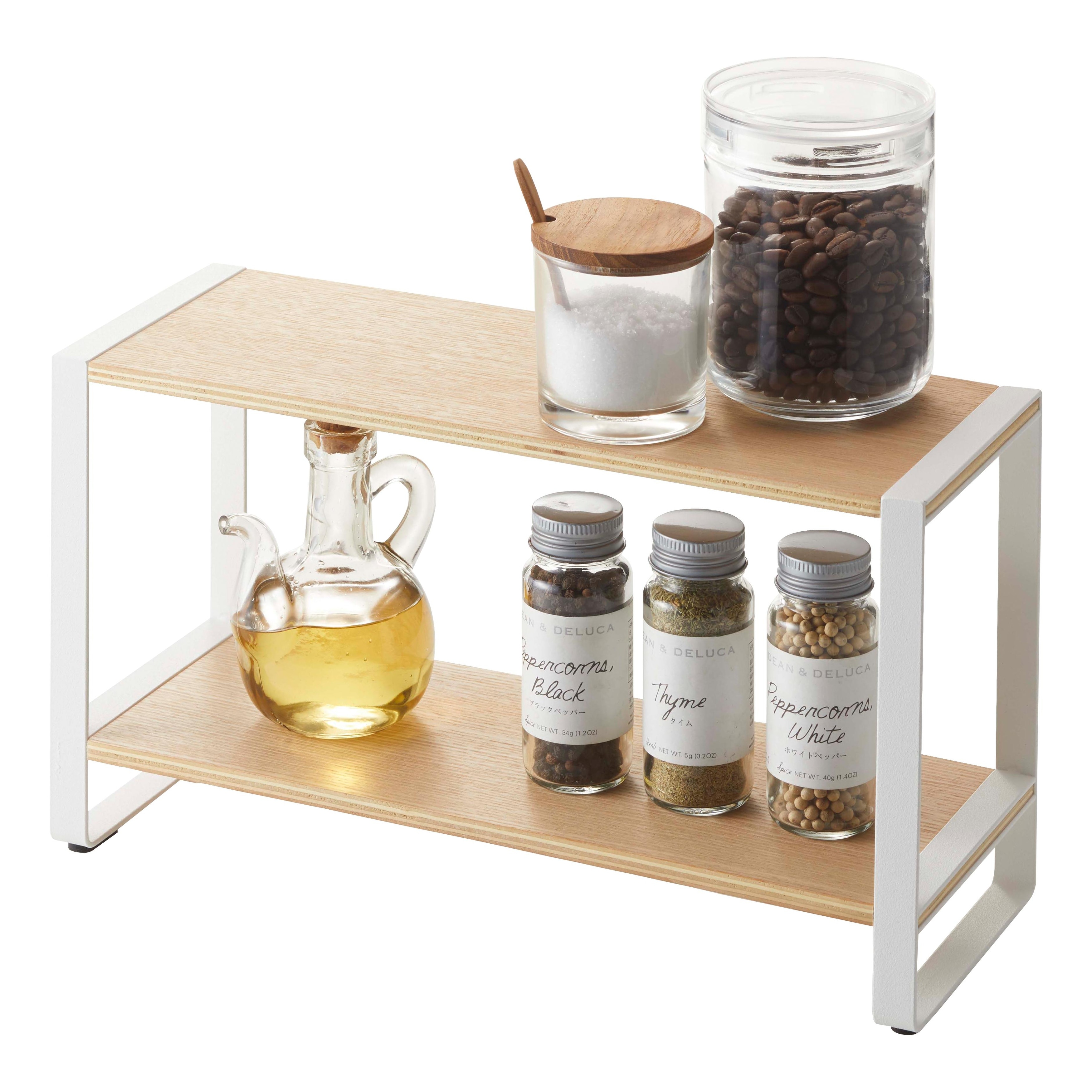 Yamazaki Home Two-Tier Riser, Steel and Wood, Holds 8.8 lbs - L 4.72 x W 12.99 x H 7.48 inches