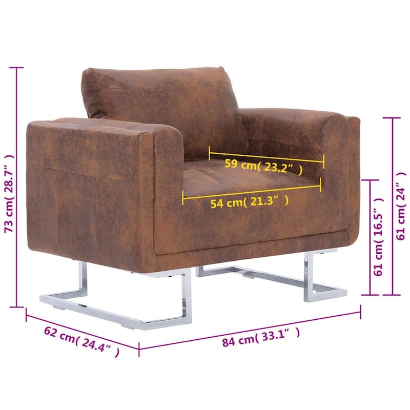vidaXL Cube Armchair Brown Faux Suede Leather - 33" x 24.4" x 28.7"