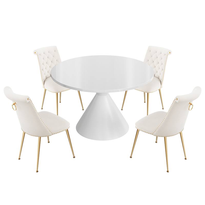 48" Light Luxury White High Gloss Large Countertop Dining Table with Velvet Dining Chair Set - Beige