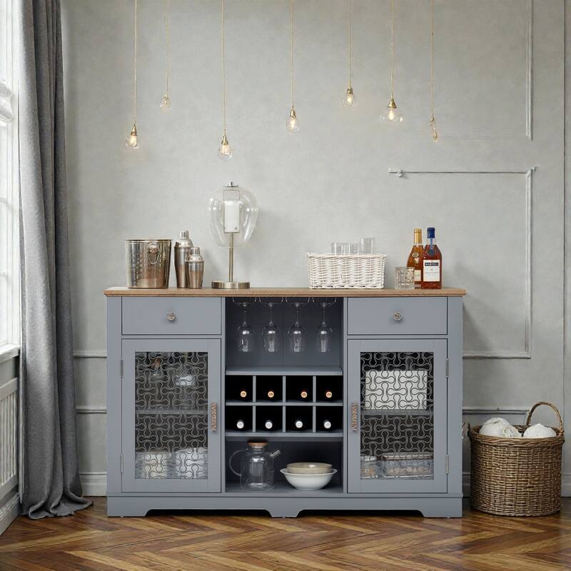 Modern Farmhouse Buffet Cabinet with Glass Doors, 2 Drawers, Wine Rack and Coffee Bar Storage, Light Blue and Light Oak - Light Blue