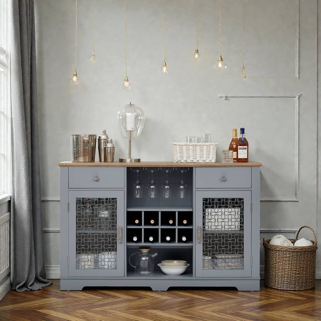 Modern Farmhouse Buffet Cabinet with Glass Doors, 2 Drawers, Wine Rack and Coffee Bar Storage, Light Blue and Light Oak
