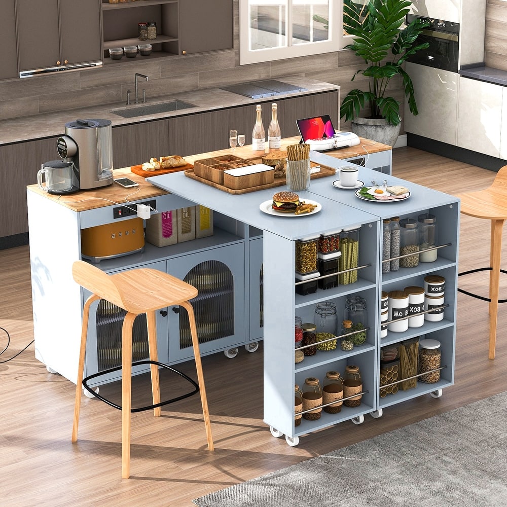 Wooden Kitchen Island with Rollers Storage Cabinet, Side Open Shelves, LED Lights, Power Outlets and 2 Fluted Glass Doors
